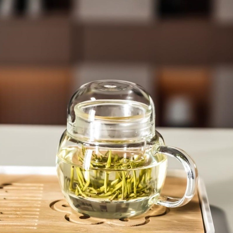 Ceainic mini pentru o singură persoană cu infuzare separată, din sticlă borosilicată, set de trei cești, pentru casă și birou