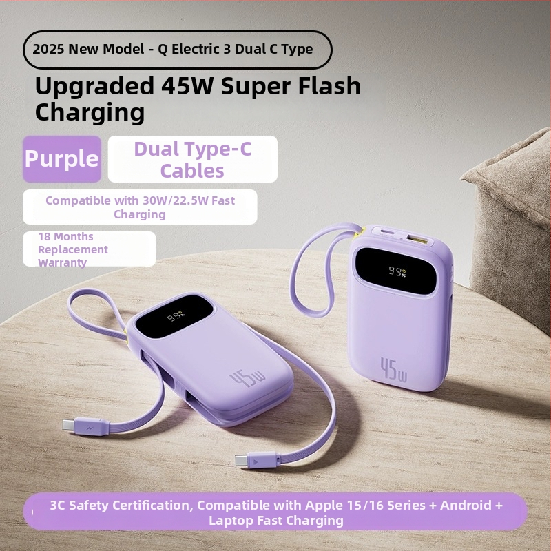 Baseus PD45W power banka 10000 mAh, kompaktná a prenosná s vstavaným káblom, rýchle nabíjanie, darček s logom