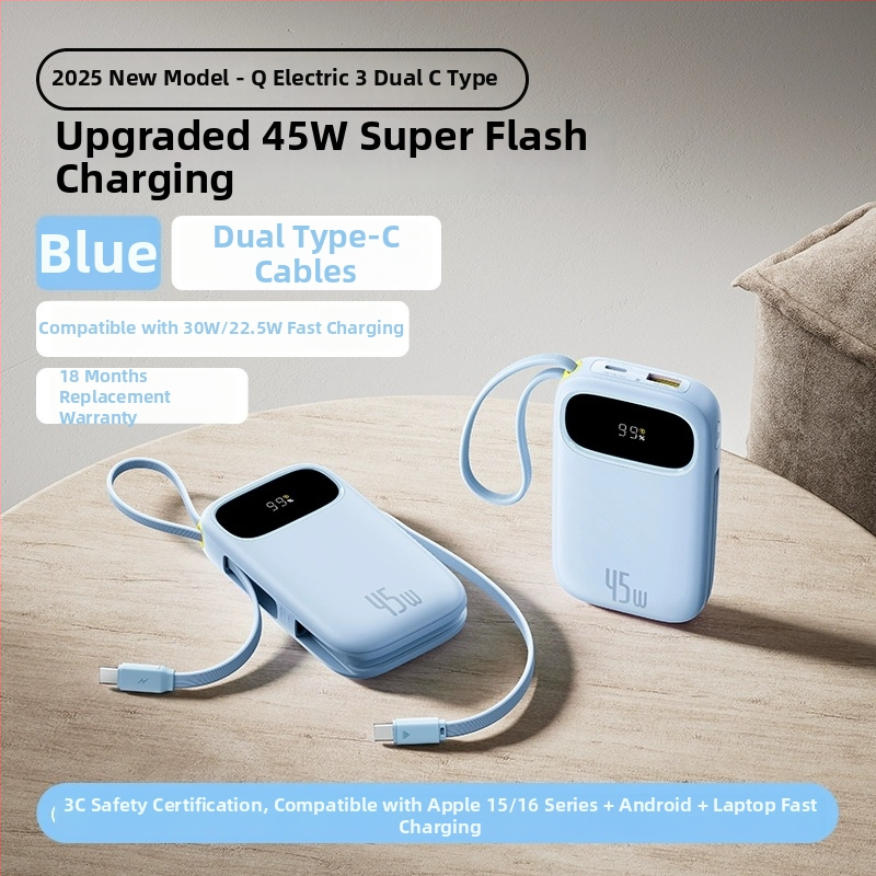 Baseus PD45W power banka 10000 mAh, kompaktná a prenosná s vstavaným káblom, rýchle nabíjanie, darček s logom
