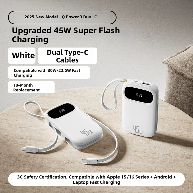 Baseus PD45W power banka 10000 mAh, kompaktná a prenosná s vstavaným káblom, rýchle nabíjanie, darček s logom