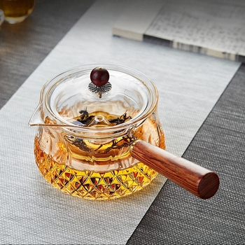 Ceainic din sticlă borosilicată, cu mâner din lemn, filtru pentru infuzie, pentru uz casnic