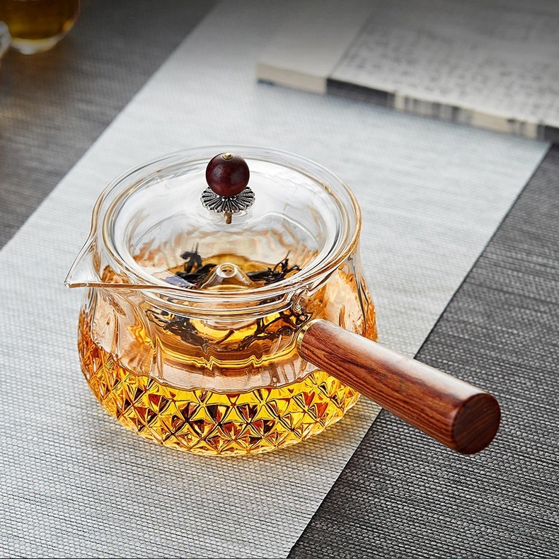 Ceainic din sticlă borosilicată, cu mâner din lemn, filtru pentru infuzie, pentru uz casnic
