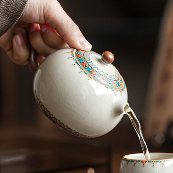 Ceainic bej din ceramică Ru kiln, Dunhuang Baoxiang Xi Shi, cu filtru, cu glazură crăpată, pentru set Gongfu de ceai