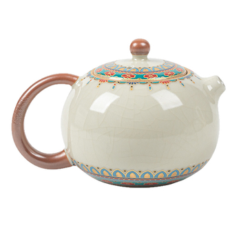 Ceainic bej din ceramică Ru kiln, Dunhuang Baoxiang Xi Shi, cu filtru, cu glazură crăpată, pentru set Gongfu de ceai