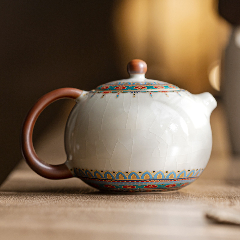 Ceainic bej din ceramică Ru kiln, Dunhuang Baoxiang Xi Shi, cu filtru, cu glazură crăpată, pentru set Gongfu de ceai