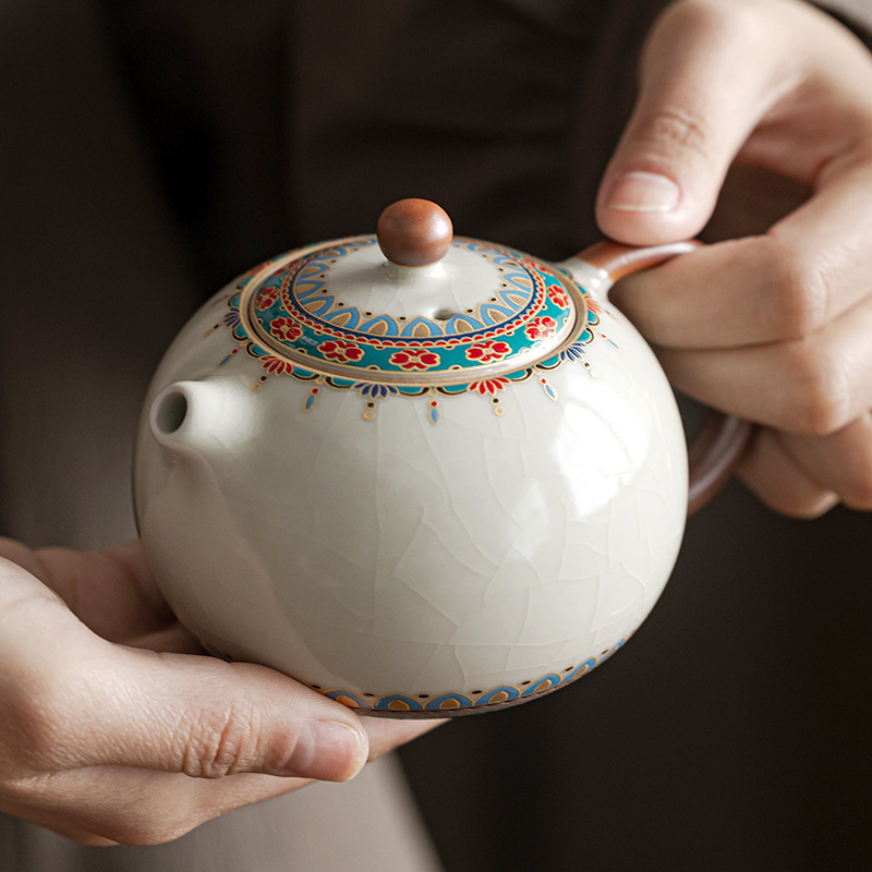 Ceainic bej din ceramică Ru kiln, Dunhuang Baoxiang Xi Shi, cu filtru, cu glazură crăpată, pentru set Gongfu de ceai