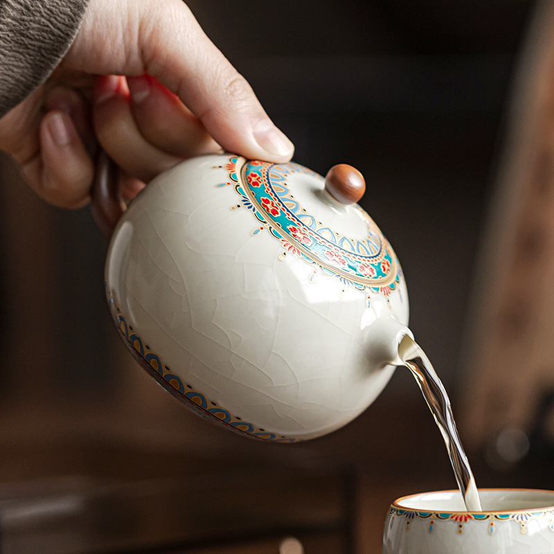 Ceainic bej din ceramică Ru kiln, Dunhuang Baoxiang Xi Shi, cu filtru, cu glazură crăpată, pentru set Gongfu de ceai