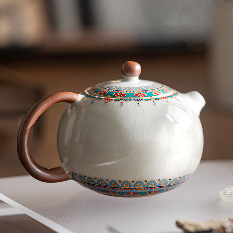 Ceainic bej din ceramică Ru kiln, Dunhuang Baoxiang Xi Shi, cu filtru, cu glazură crăpată, pentru set Gongfu de ceai