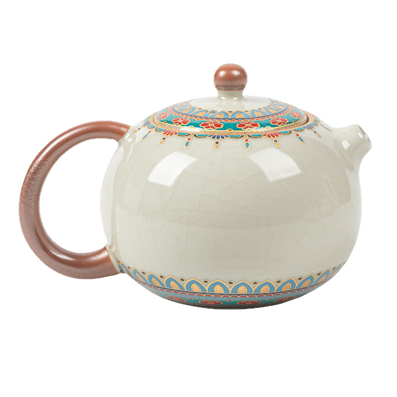 Ceainic bej din ceramică Ru kiln, Dunhuang Baoxiang Xi Shi, cu filtru, cu glazură crăpată, pentru set Gongfu de ceai