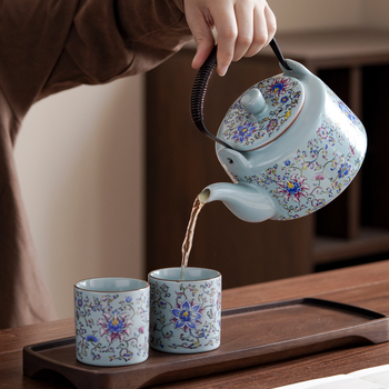 Ceainic în stil japonez cu mâner în formă de lotus, set Gongfu pentru ceai, capacitate mare, rezistent la temperaturi înalte, set de șapte piese cu cești