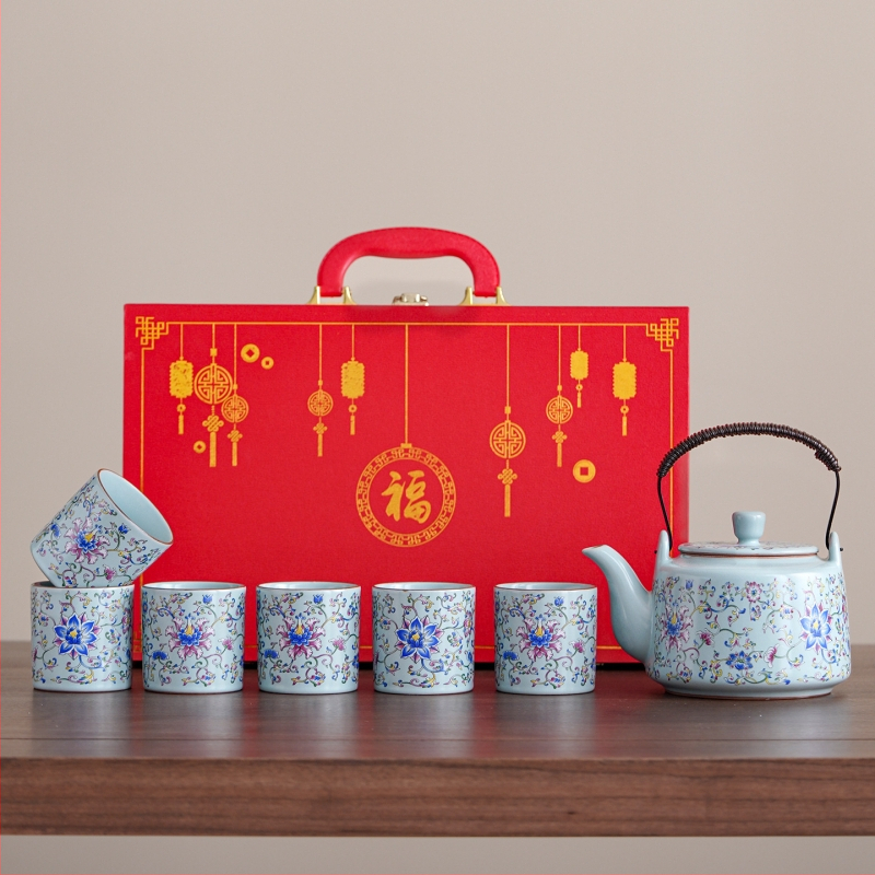 Ceainic în stil japonez cu mâner în formă de lotus, set Gongfu pentru ceai, capacitate mare, rezistent la temperaturi înalte, set de șapte piese cu cești