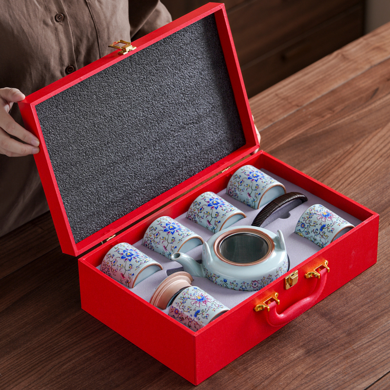 Ceainic în stil japonez cu mâner în formă de lotus, set Gongfu pentru ceai, capacitate mare, rezistent la temperaturi înalte, set de șapte piese cu cești