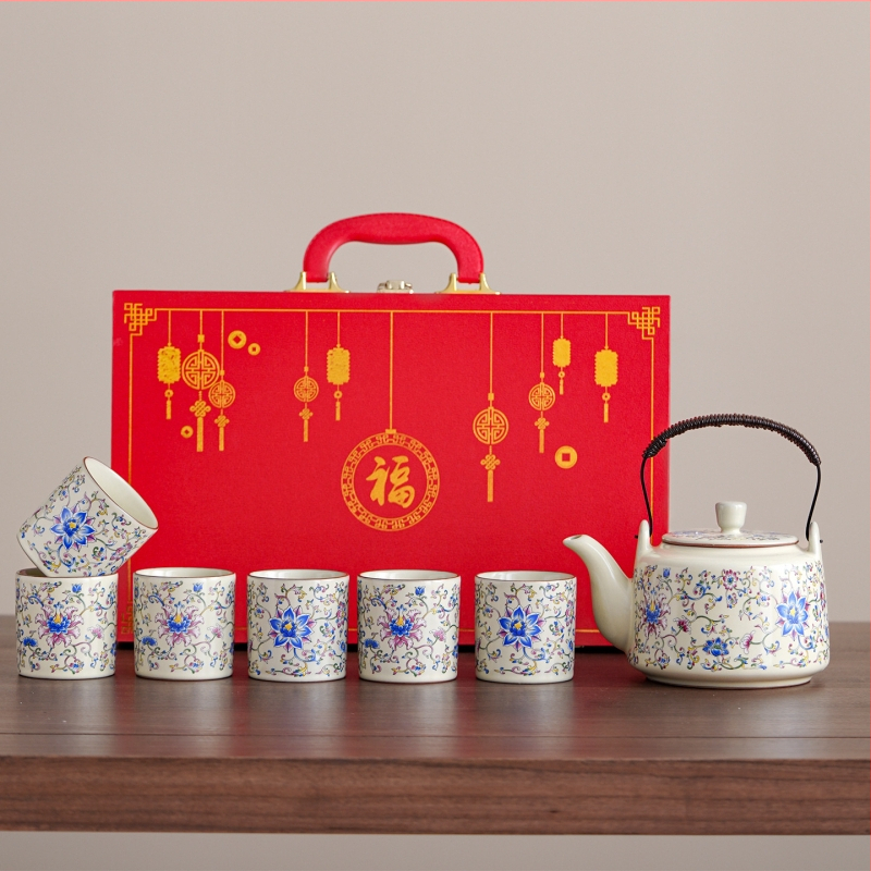 Ceainic în stil japonez cu mâner în formă de lotus, set Gongfu pentru ceai, capacitate mare, rezistent la temperaturi înalte, set de șapte piese cu cești