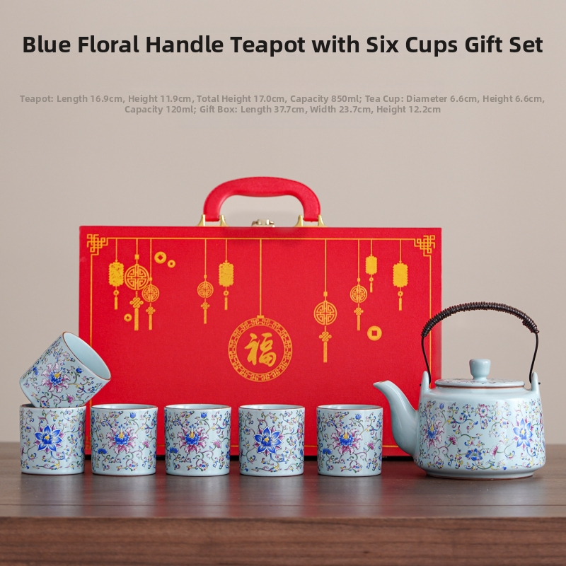 Ceainic în stil japonez cu mâner în formă de lotus, set Gongfu pentru ceai, capacitate mare, rezistent la temperaturi înalte, set de șapte piese cu cești