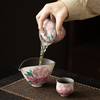 Kínai kerámia Kung Fu tea készlet peónia motívummal, osztó pohárral, retro stílusú tea ceremónia kiegészítők