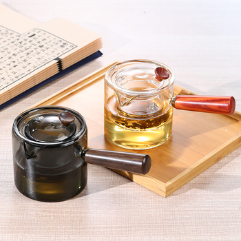 Ceainic din sticlă borosilicat rezistent la căldură, cu mâner lateral din lemn, pentru infuzat ceaiuri florale și ceai de mandarine mici
