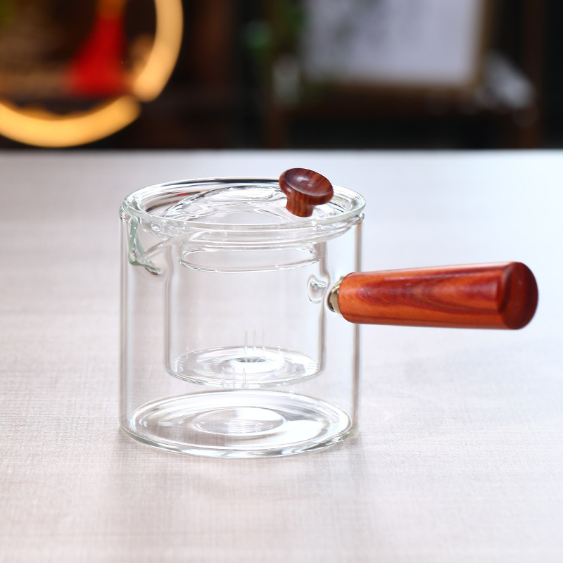Ceainic din sticlă borosilicat rezistent la căldură, cu mâner lateral din lemn, pentru infuzat ceaiuri florale și ceai de mandarine mici