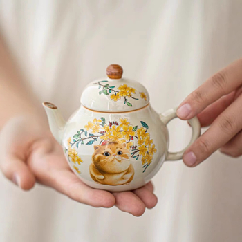 Ceainic ceramic pictat manual, cu un motiv de pisică jucăuasă, pentru uz casnic, protecție împotriva arsurilor