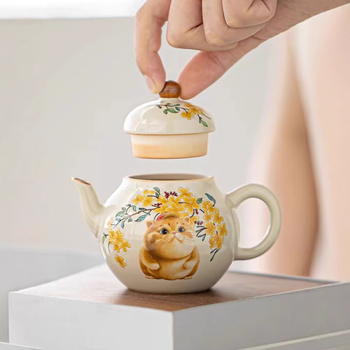 Ceainic ceramic pictat manual, cu un motiv de pisică jucăuasă, pentru uz casnic, protecție împotriva arsurilor