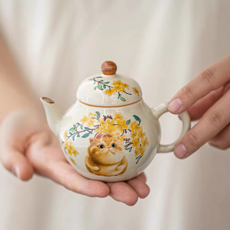 Ceainic ceramic pictat manual, cu un motiv de pisică jucăuasă, pentru uz casnic, protecție împotriva arsurilor