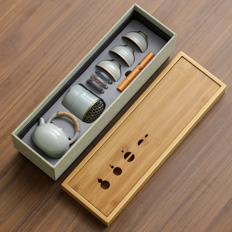 Set de ceai ceramic Gongfu cu tavă din lemn, 3-5 porții, cutie cadou