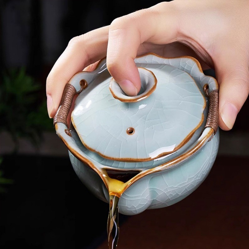 Ceainic Gongfu în stil retro, cu mâner în nuanță celadon, ceramică Ru kilns, capac, volum mare, cadou premium