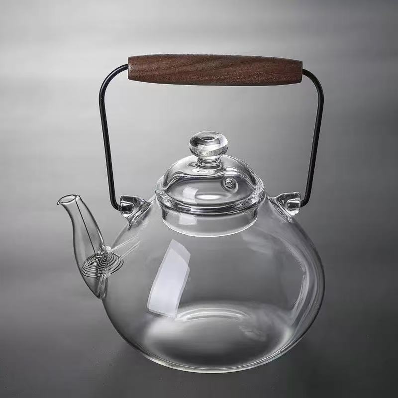 Ceainic din sticlă borosilikat de înaltă rezistență, mâner din nuc negru, lucrat manual, potrivit pentru plită electrică ceramică și flacără deschisă