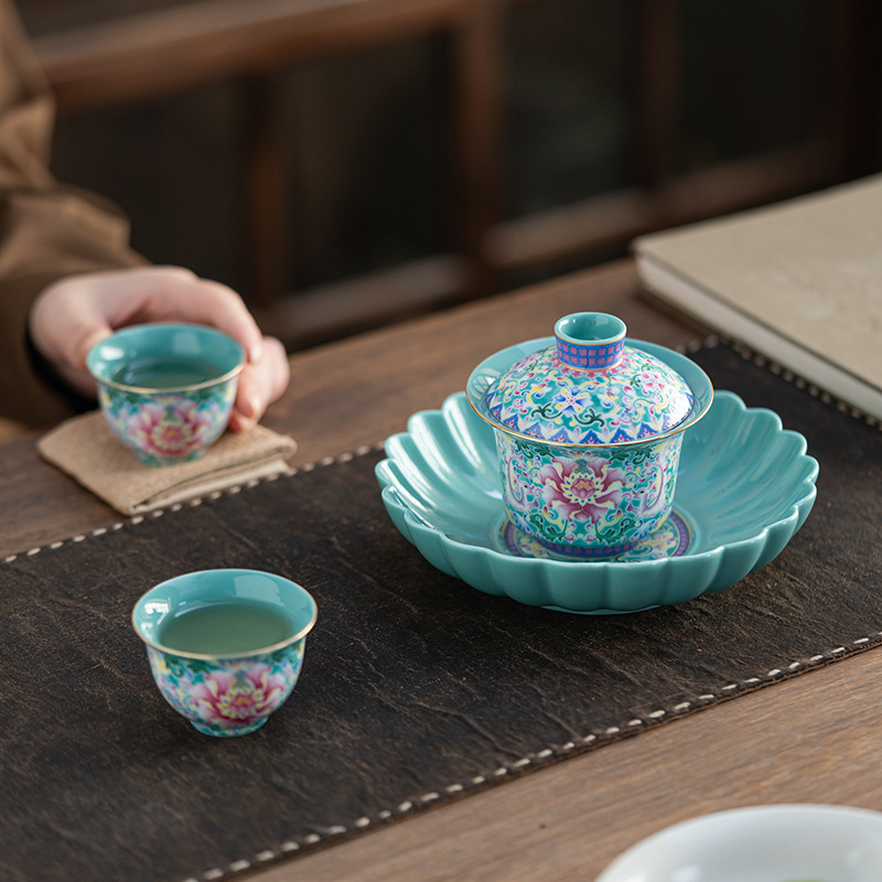 Set de ceai ceramic emailat cu gaiwan, ceainic și două cești, în cutie cadou