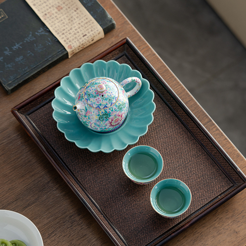 Set de ceai ceramic emailat cu gaiwan, ceainic și două cești, în cutie cadou