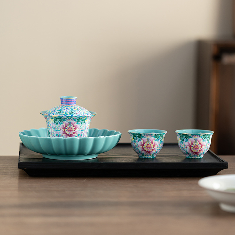 Set de ceai ceramic emailat cu gaiwan, ceainic și două cești, în cutie cadou
