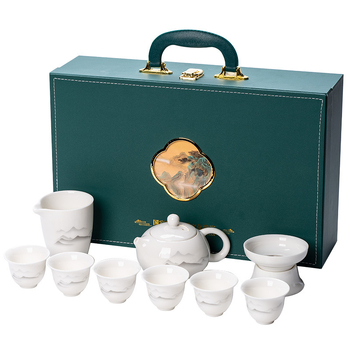 Set ceai Xishi din porțelan alb, gaiwan, Jade Ink, 10 piese, pentru birou și casă