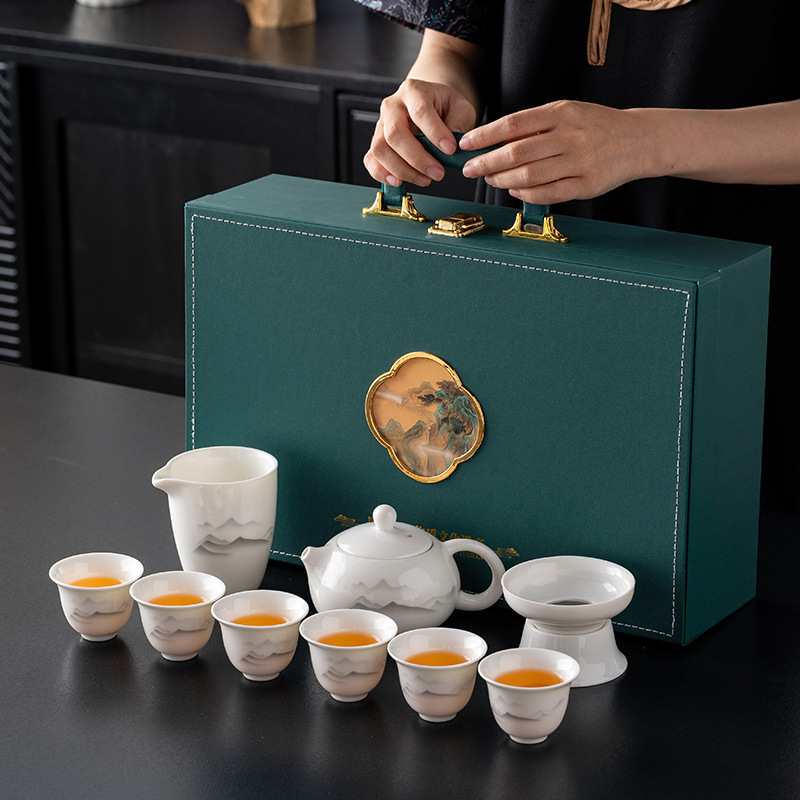 Set ceai Xishi din porțelan alb, gaiwan, Jade Ink, 10 piese, pentru birou și casă