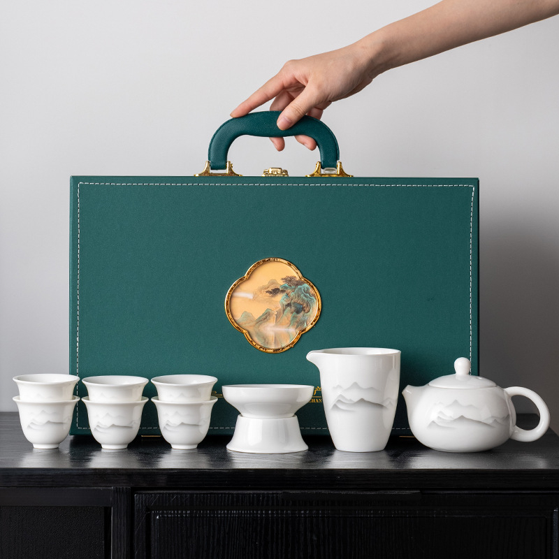 Set ceai Xishi din porțelan alb, gaiwan, Jade Ink, 10 piese, pentru birou și casă