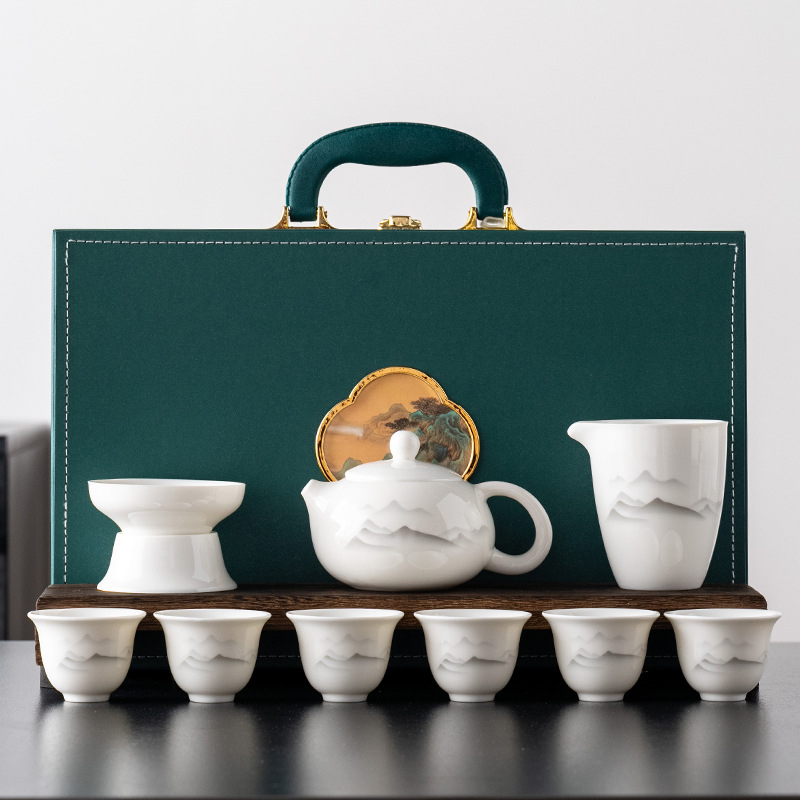 Set ceai Xishi din porțelan alb, gaiwan, Jade Ink, 10 piese, pentru birou și casă
