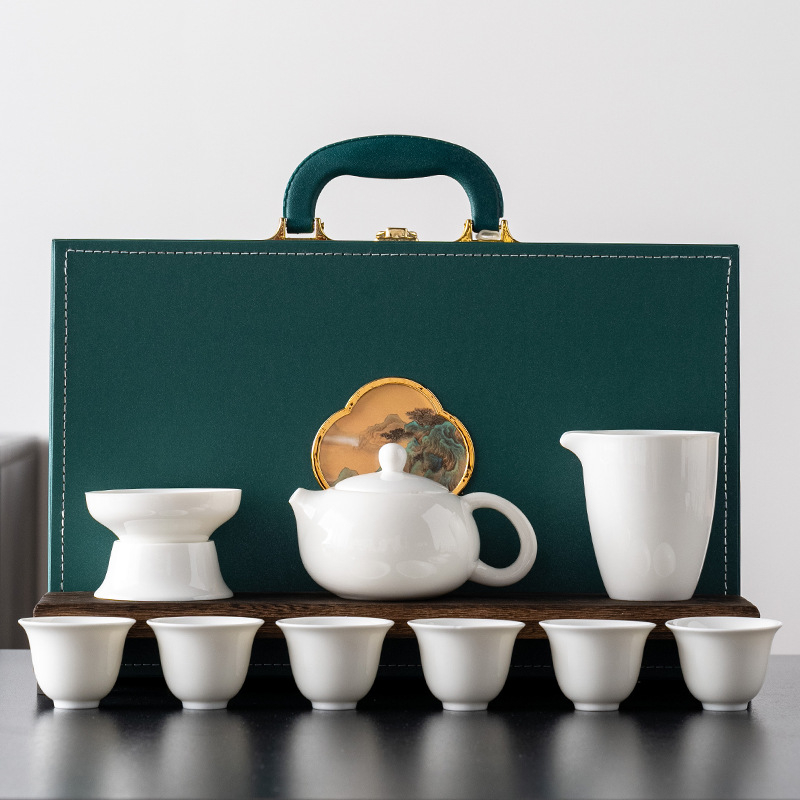 Set ceai Xishi din porțelan alb, gaiwan, Jade Ink, 10 piese, pentru birou și casă