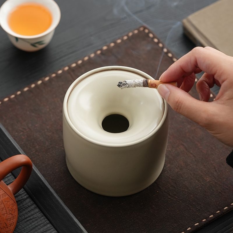 Scrumieră ceramică bej cu capac, recipient pentru resturi de ceai, coș de masă pentru resturi de ceai, pentru sufrageria de acasă