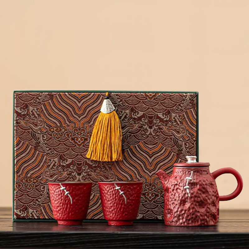 Set ceai din porțelan cu ceainic și ceașcă, inspirat de Orașul Interzis, stil retro ușor luxos pentru uz casnic, glazură hawthorn roșu
