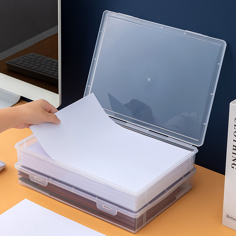Cutie transparentă de stocare A4 pentru birou – cu capac, organizare pentru documente, fișe, teste și certificate; din plastic.