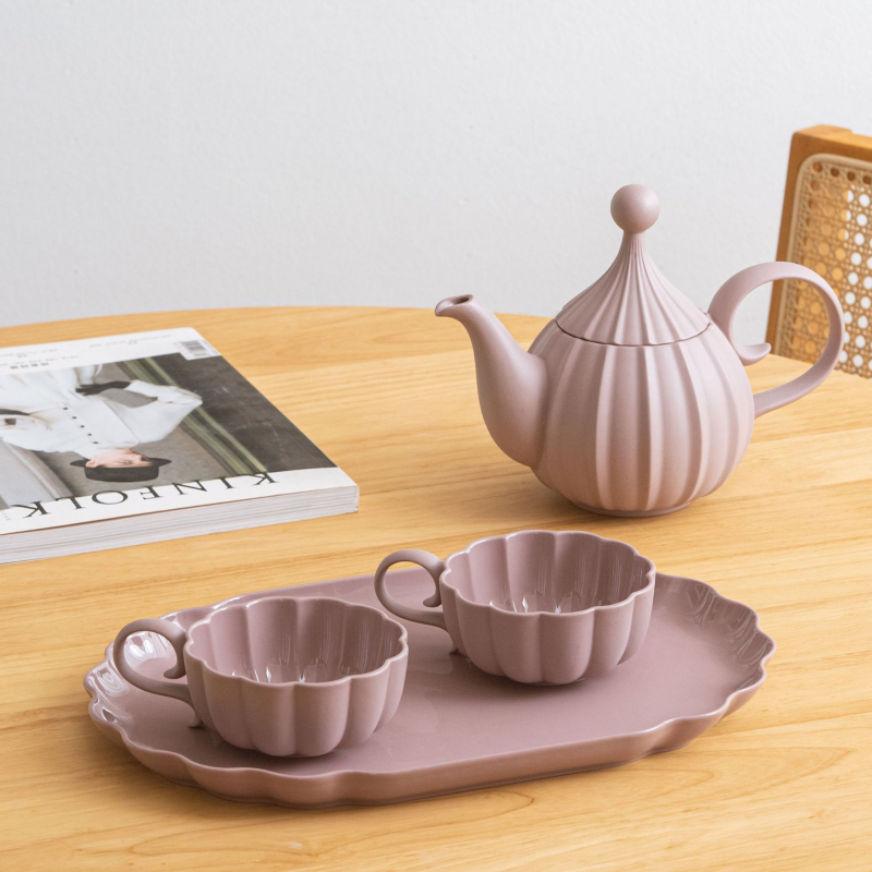 Set de ceai ceramic minimalist cu tava, ceainic și cești pentru două persoane, rezistent la căldură, cadou modern pentru casă sau hotel.