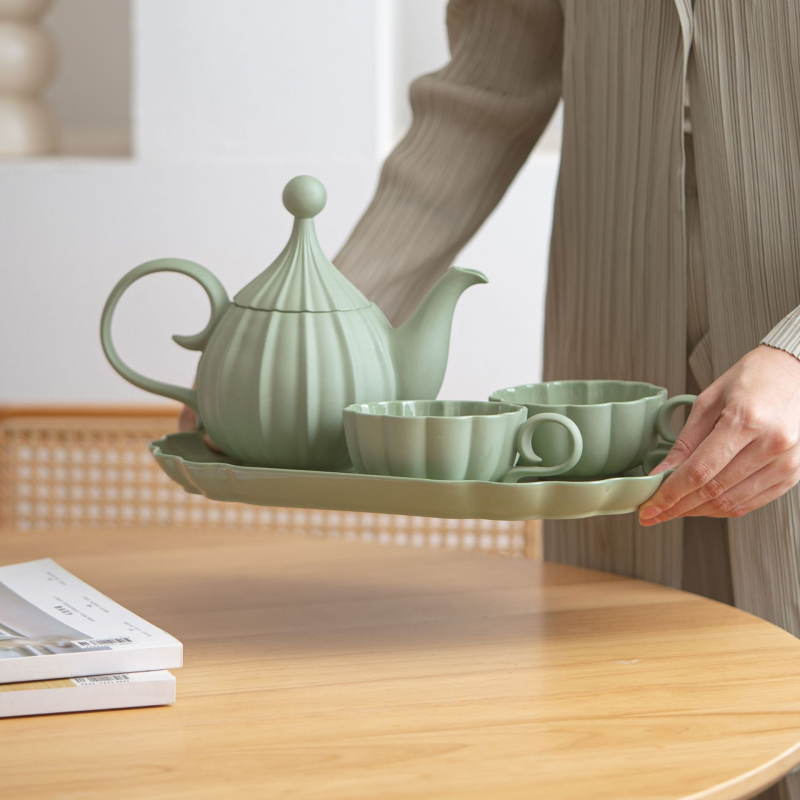 Set de ceai ceramic minimalist cu tava, ceainic și cești pentru două persoane, rezistent la căldură, cadou modern pentru casă sau hotel.