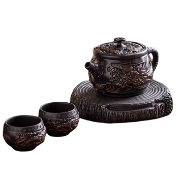 Set de ceai din ceramică mov pentru călătorii: o oală de ceai și două cești, realizat manual, cutie cadou elegantă, lux discret