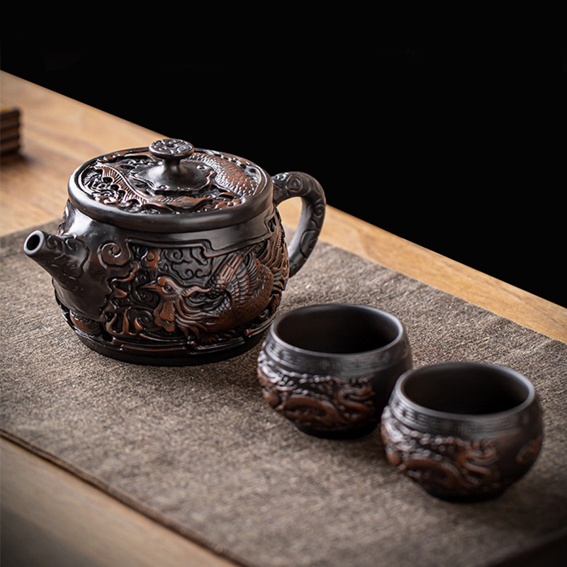 Set de ceai din ceramică mov pentru călătorii: o oală de ceai și două cești, realizat manual, cutie cadou elegantă, lux discret