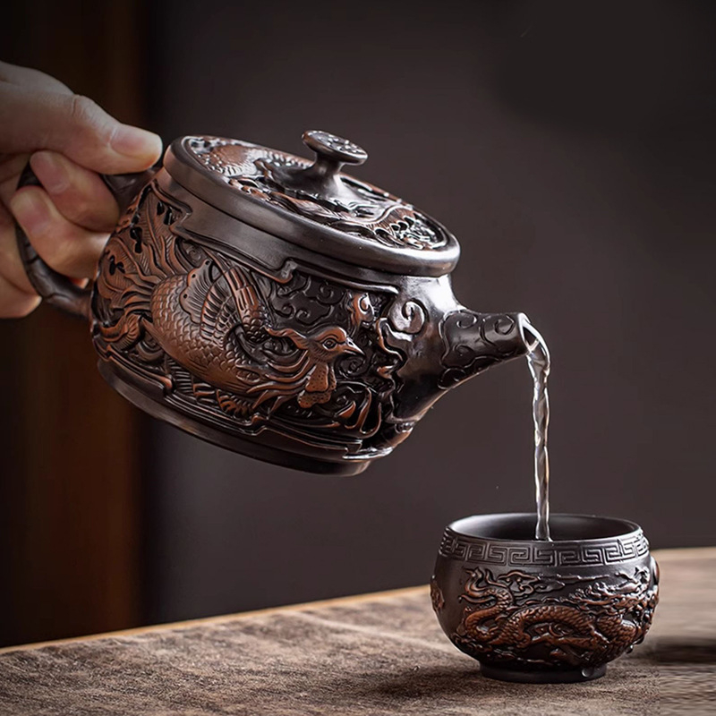 Set de ceai din ceramică mov pentru călătorii: o oală de ceai și două cești, realizat manual, cutie cadou elegantă, lux discret