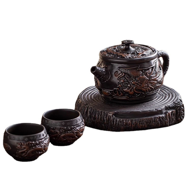 Set de ceai din ceramică mov pentru călătorii: o oală de ceai și două cești, realizat manual, cutie cadou elegantă, lux discret