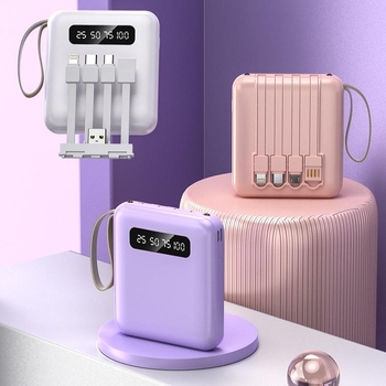 3C πιστοποιημένο power bank με προσαρμοσμένο λογότυπο, μεγάλη χωρητικότητα, συμπαγές και φορητό, με τέσσερα ενσωματωμένα μικρά καλώδια