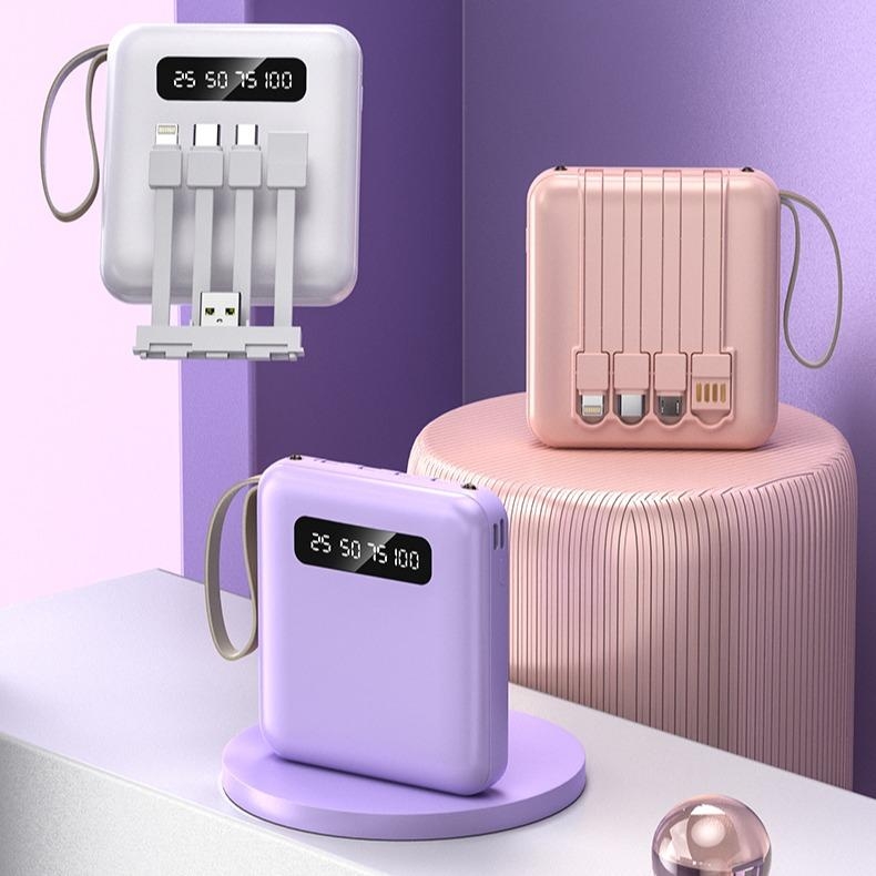 3C πιστοποιημένο power bank με προσαρμοσμένο λογότυπο, μεγάλη χωρητικότητα, συμπαγές και φορητό, με τέσσερα ενσωματωμένα μικρά καλώδια