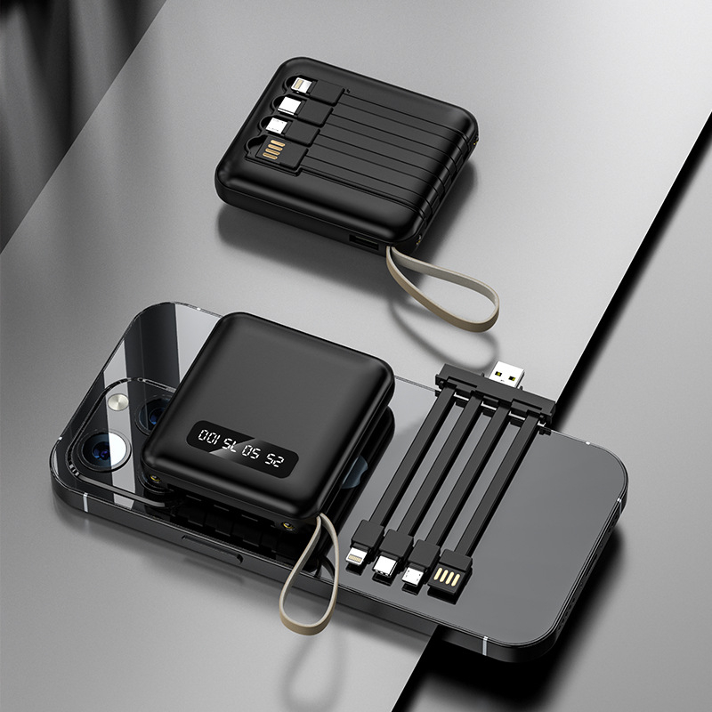 3C πιστοποιημένο power bank με προσαρμοσμένο λογότυπο, μεγάλη χωρητικότητα, συμπαγές και φορητό, με τέσσερα ενσωματωμένα μικρά καλώδια
