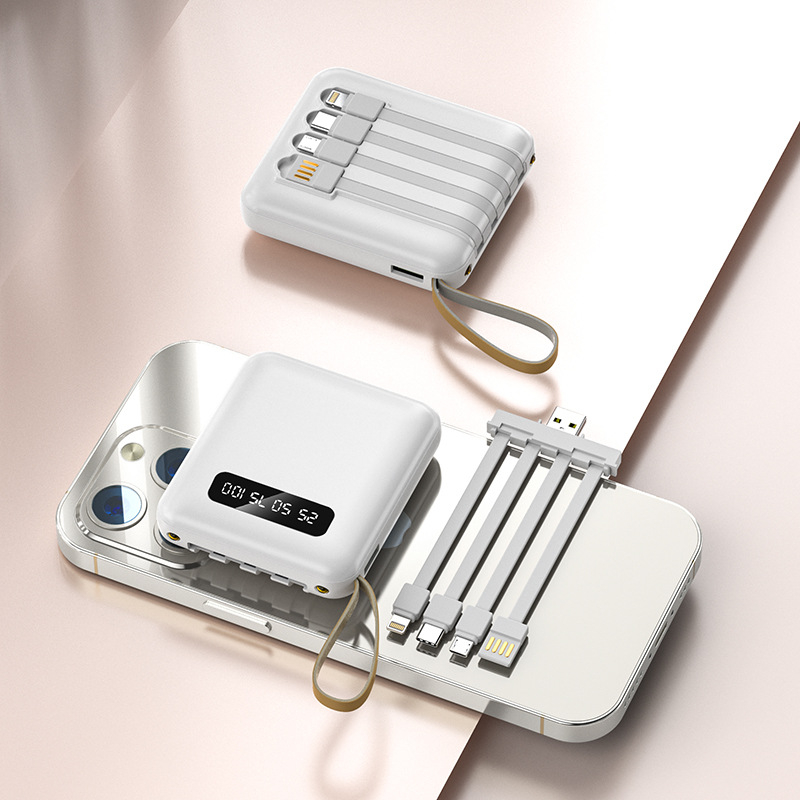 3C πιστοποιημένο power bank με προσαρμοσμένο λογότυπο, μεγάλη χωρητικότητα, συμπαγές και φορητό, με τέσσερα ενσωματωμένα μικρά καλώδια
