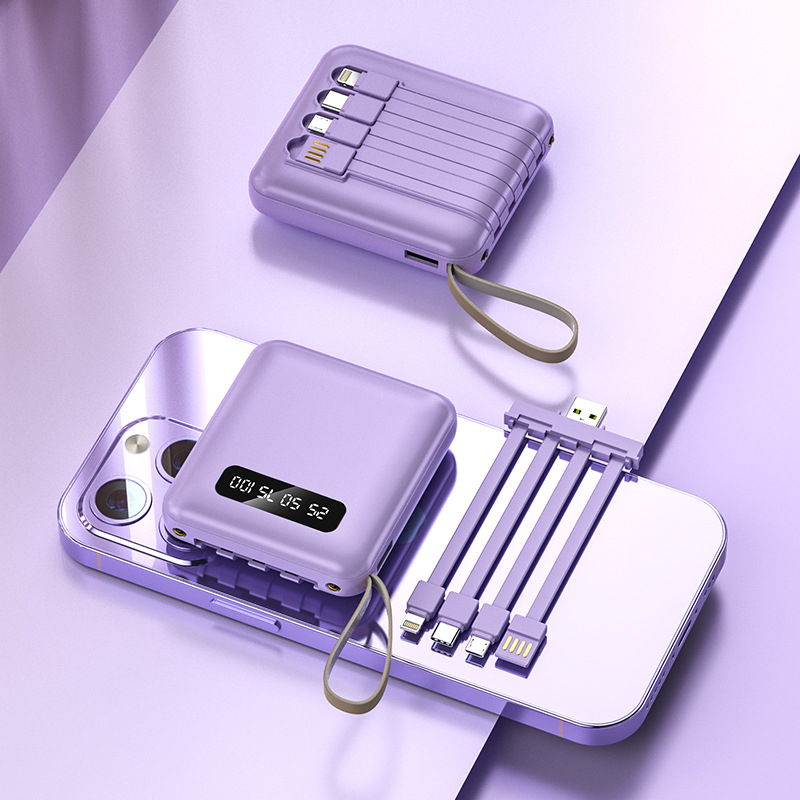 3C πιστοποιημένο power bank με προσαρμοσμένο λογότυπο, μεγάλη χωρητικότητα, συμπαγές και φορητό, με τέσσερα ενσωματωμένα μικρά καλώδια