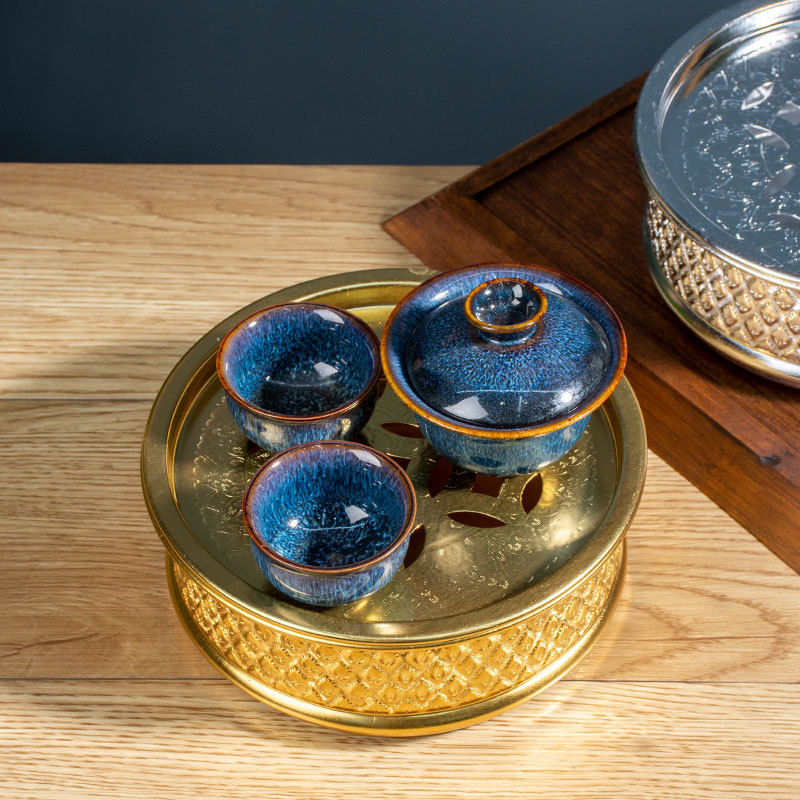 Tavă de ceai gravată, set Kung Fu compact, veselă rotundă pentru ceai cu depozitare de apă